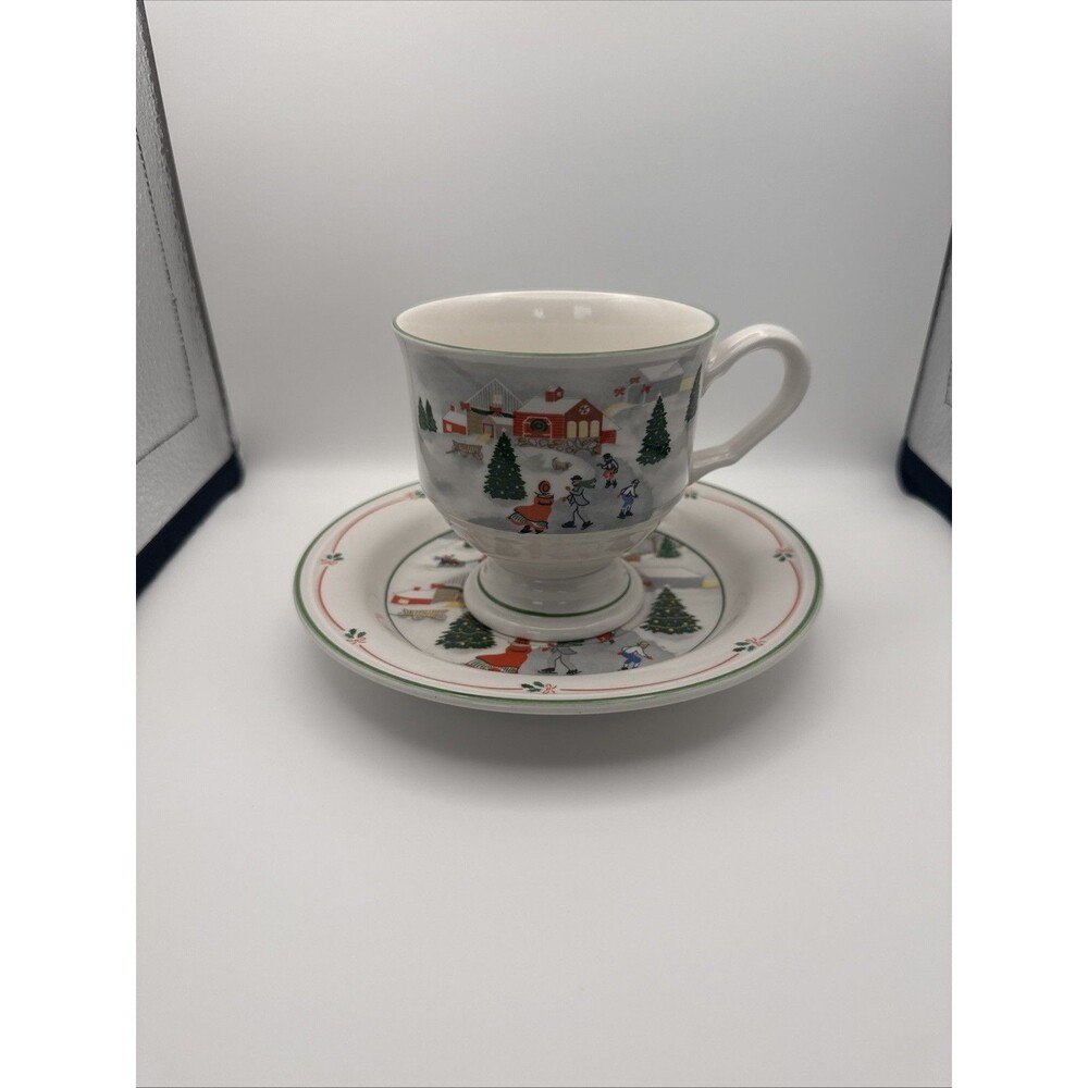 Vintage Sango Silent Night Christmas Teacup w. Saucer 1980s Holiday Ice Skate